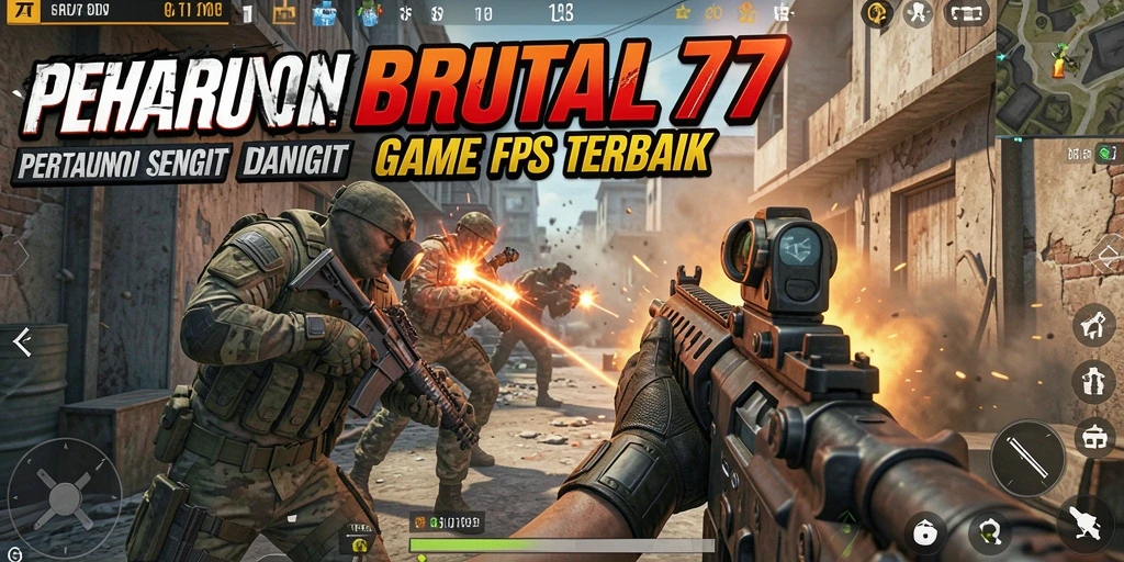 Screenshot utama BRUTAL77 menampilkan aksi tembak-menembak yang mendebarkan.