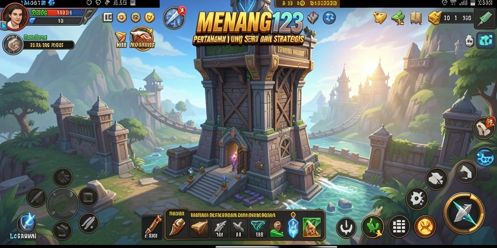 Tampilan gameplay MENANG123 saat melawan gelombang musuh di Tower Defense.