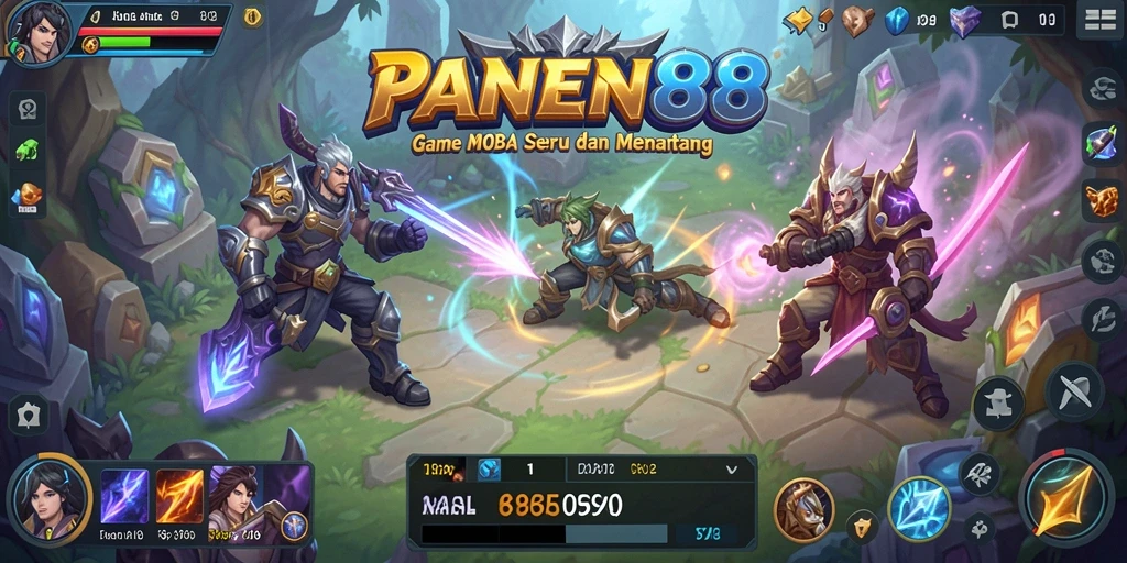 Tampilan seru dalam permainan MOBA PANEN88 dengan pertarungan intens.
